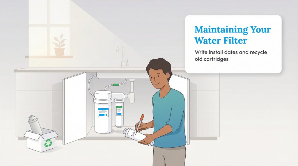 A person writes the installation date on a water filter cartridge under a kitchen sink.