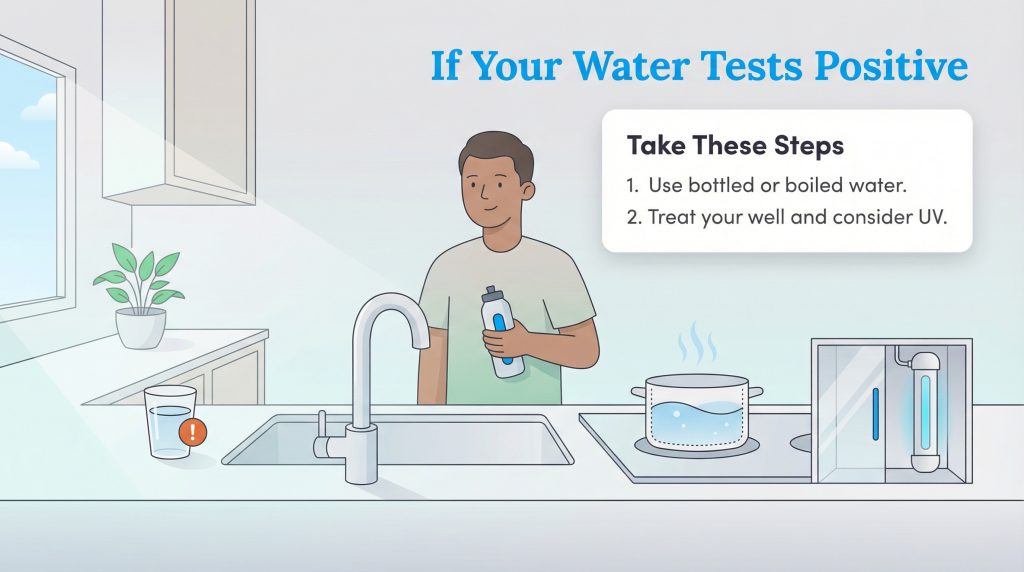 Illustration shows steps to take after a positive water test: use bottled/boiled water and treat the well.