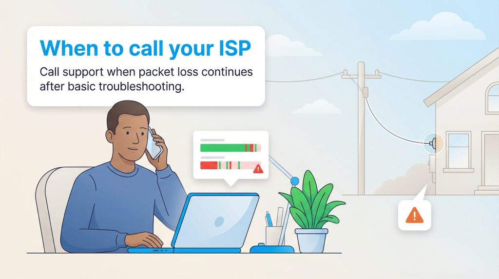 Illustration of a man on the phone at a computer showing packet loss, calling his ISP for help.