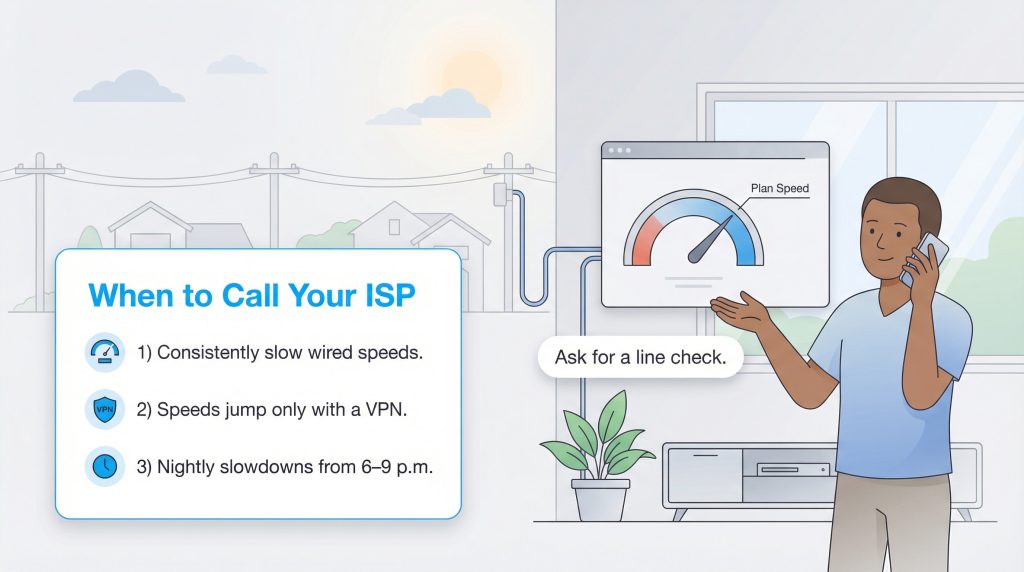 Illustration of a man on the phone with a checklist of reasons to call an ISP about internet issues.