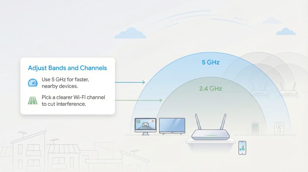 Infographic illustrating Wi-Fi router 2.4 GHz and 5 GHz bands with tips to adjust bands and channels.