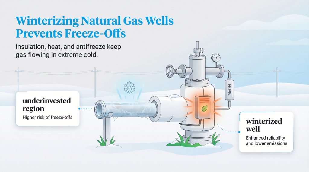 Diagram showing how insulation, heat, and antifreeze prevent natural gas freeze-offs in extreme cold.