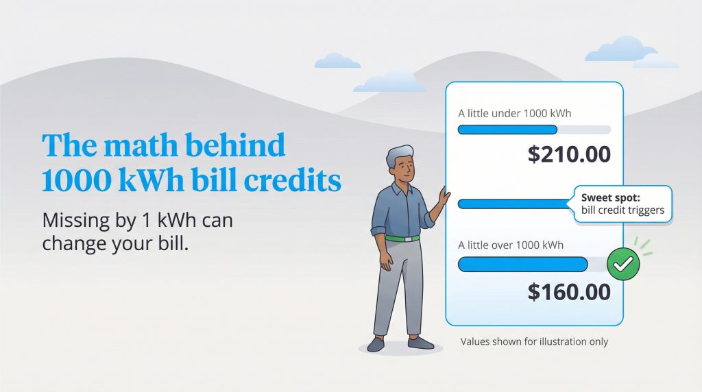 Graphic showing that using a little under 1000 kWh costs $210, while using a little over 1000 kWh triggers a bill credit, lowering the cost to $160.
