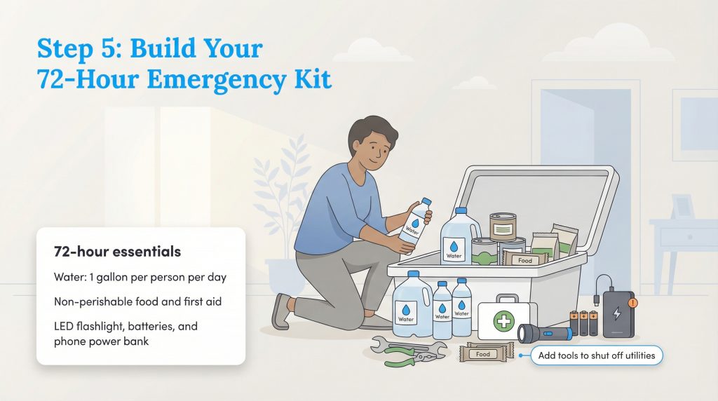 A person assembles a 72-hour emergency kit with water, food, first aid supplies, and tools.