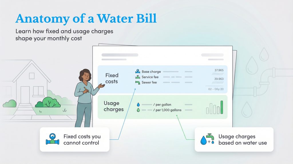 Infographic breaking down a standard water bill into fixed costs and volumetric usage charges.