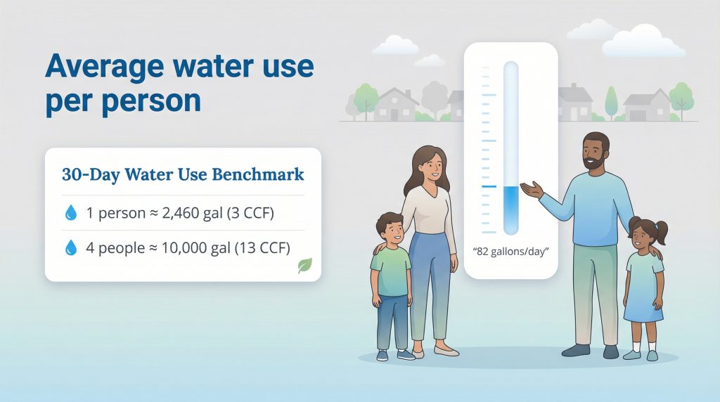 Infographic showing average 30-day water use benchmarks for one person (2,460 gal) versus four people.