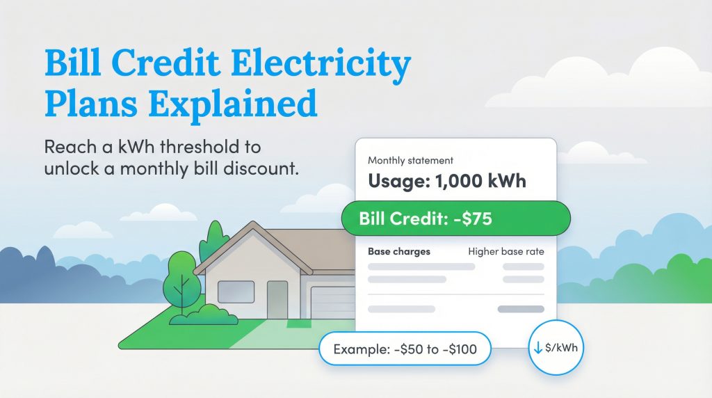Infographic explaining bill credit electricity plans: reach a 1,000 kWh usage threshold for a monthly bill discount of -$75.