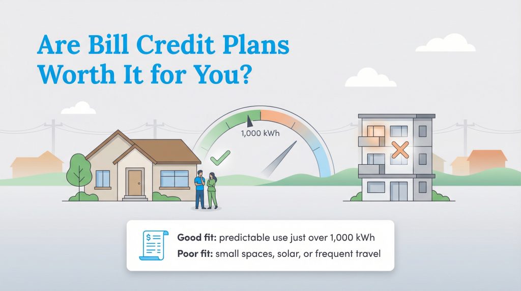 Infographic comparing a house with a good fit for bill credit plans and an apartment with a poor fit.