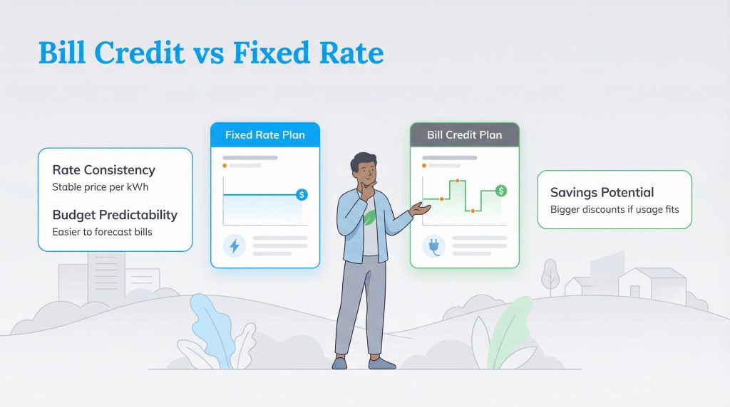 Infographic comparing stable Fixed Rate plans with the variable savings of Bill Credit plans.
