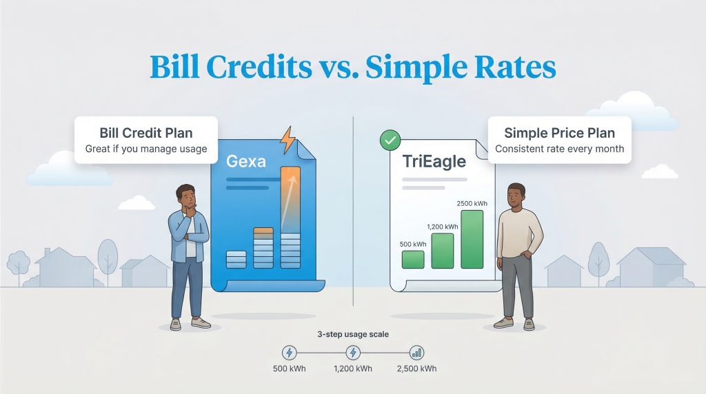 Comparison of Gexa's Bill Credit Plan with variable pricing versus TriEagle's Simple Price Plan with consistent pricing.