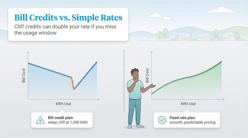 Two graphs compare a bill credit plan with a steep cliff to a fixed-rate plan with smooth pricing.