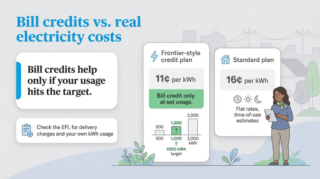 Infographic comparing 'Frontier-style credit plan' with a bill credit at a set usage target versus a 'Standard plan' with a flat rate.