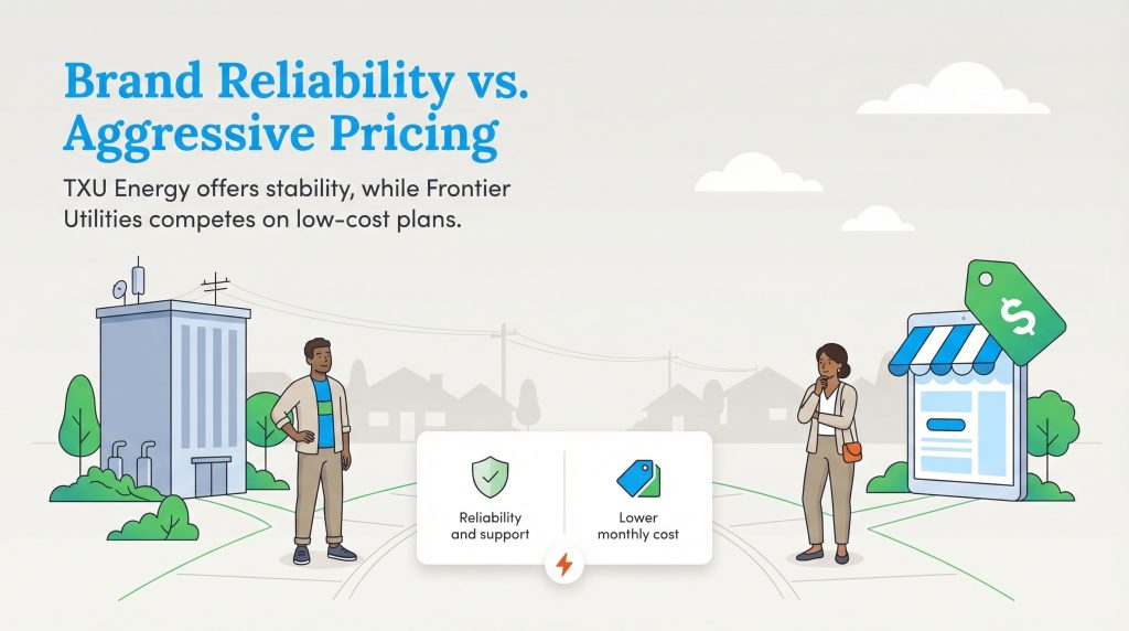 Infographic comparing TXU Energy's reliability and Frontier Utilities' low-cost pricing.