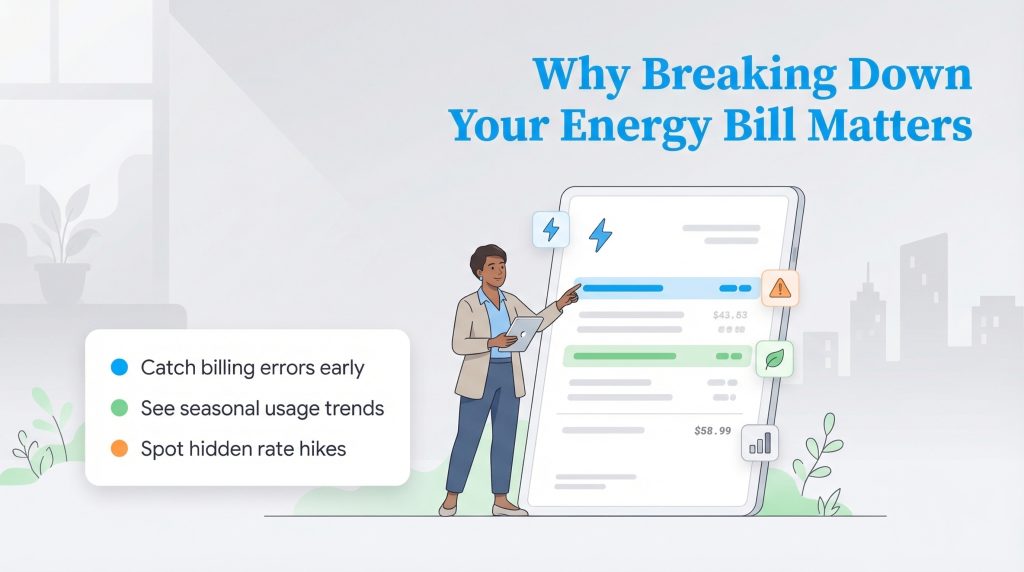 Illustration showing benefits of reviewing energy bills, like catching errors and tracking trends.
