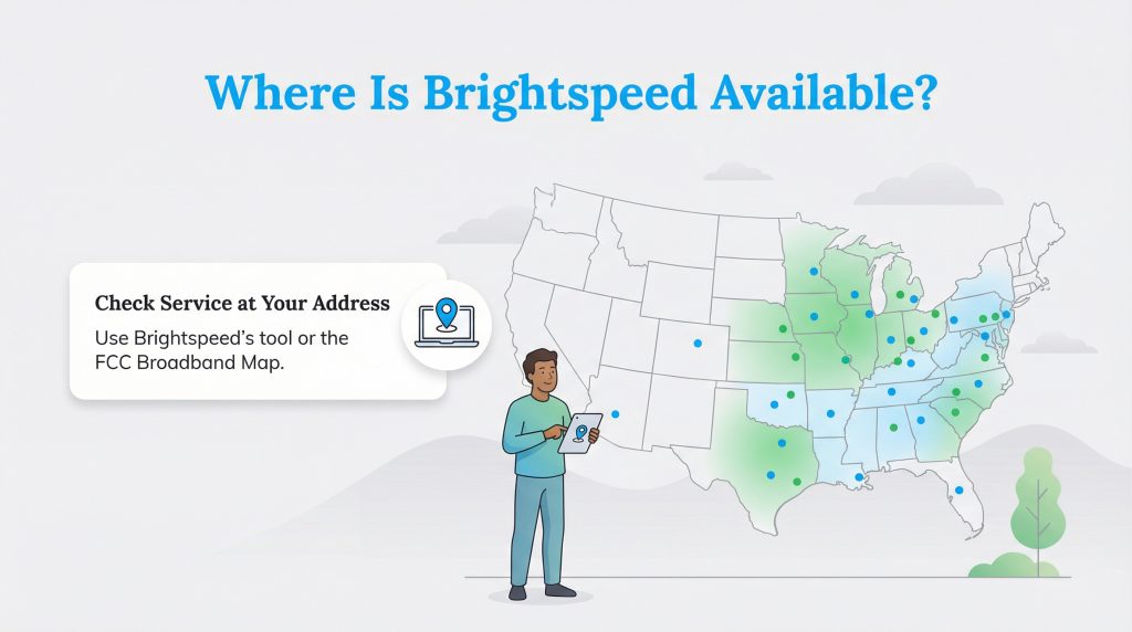 US map highlighting Brightspeed availability in Midwest/Southeast states, and a man with a tablet.