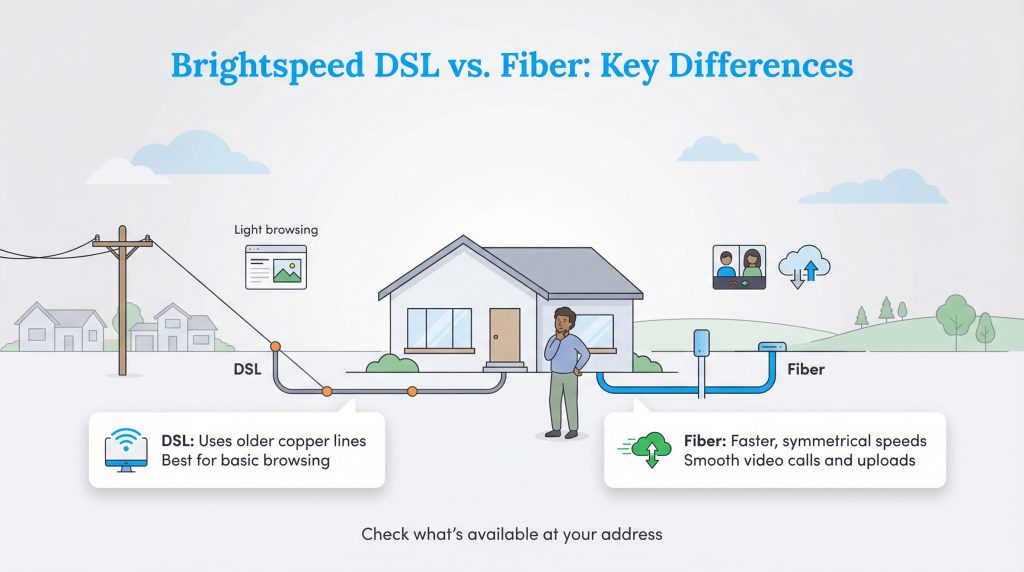 Diagram comparing Brightspeed DSL and Fiber internet. DSL uses older copper lines for basic browsing. Fiber uses faster, symmetrical lines for video calls and uploads.