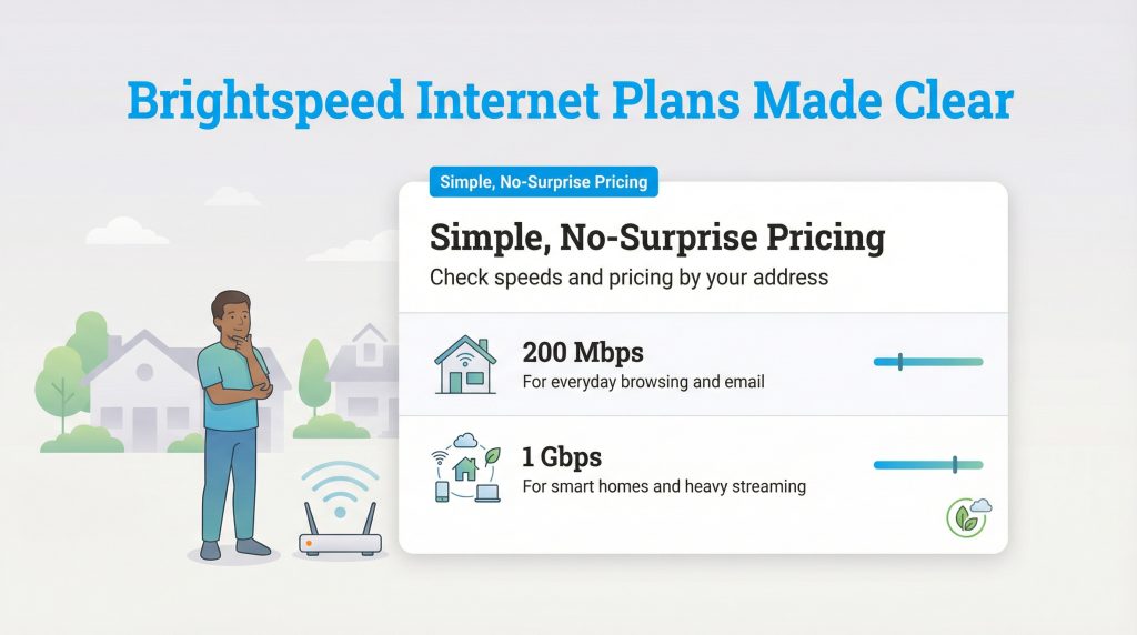 Infographic illustrating Brightspeed internet options: 200 Mbps for basic use and 1 Gbps for heavy streaming.