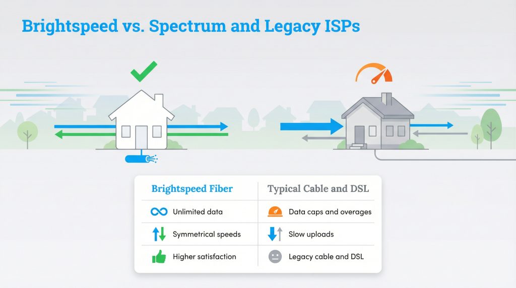 Infographic illustrating Brightspeed Fiber's advantages over typical cable and DSL internet providers.