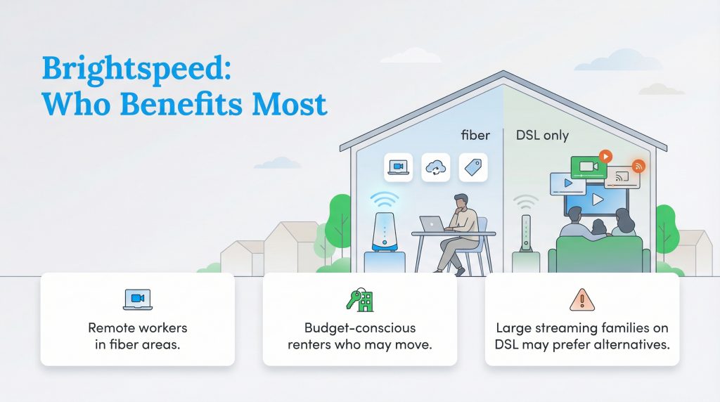 Infographic titled 'Brightspeed: Who Benefits Most' showing a split house and three cards. It suggests remote workers and budget renters benefit, while large families on DSL might prefer alternatives.