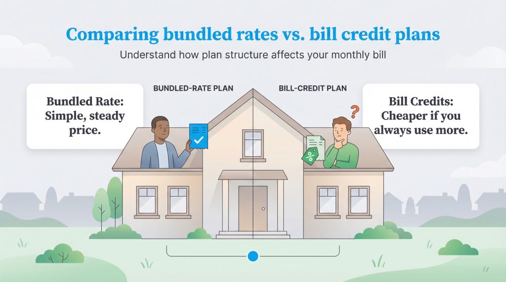 Infographic compares a stable bundled-rate energy plan to a bill-credit plan that requires high usage.