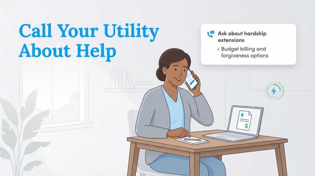 Illustration of a woman calling her utility provider, with text prompting to ask about hardship and forgiveness options.