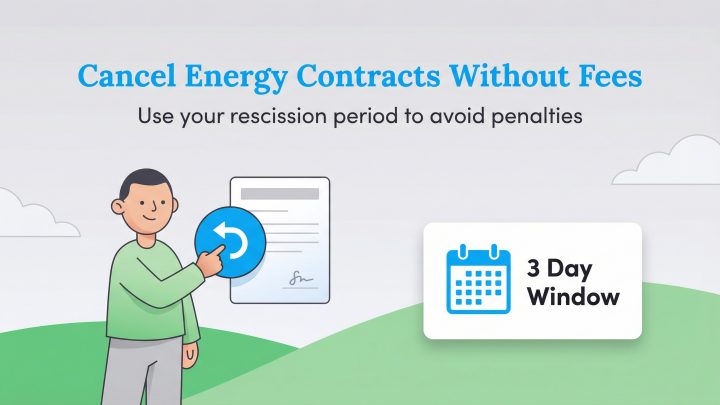 Illustration of a man canceling a contract, a calendar showing a 3-day window, and text about canceling energy contracts without fees.