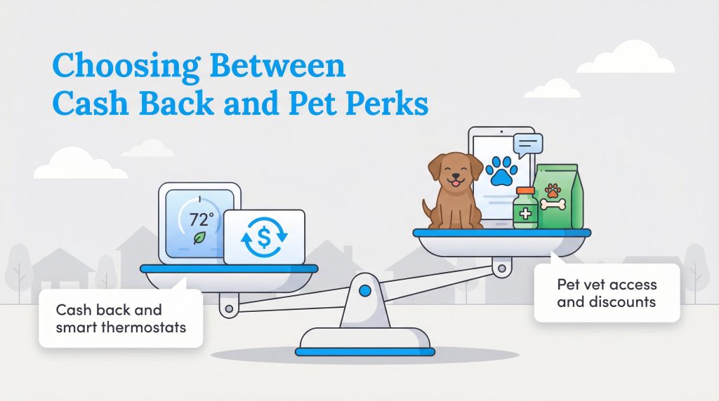 A balance scale comparing cash back and smart thermostats with pet vet access and discounts for a dog.