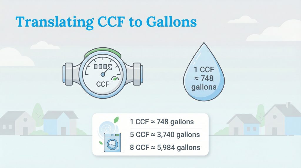 Chart illustrating that 1 CCF equals roughly 748 gallons, providing examples for 5 and 8 CCF.