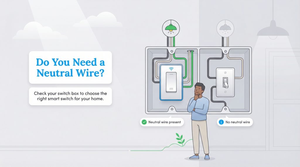 Diagram showing a person comparing switch boxes with and without a neutral wire.