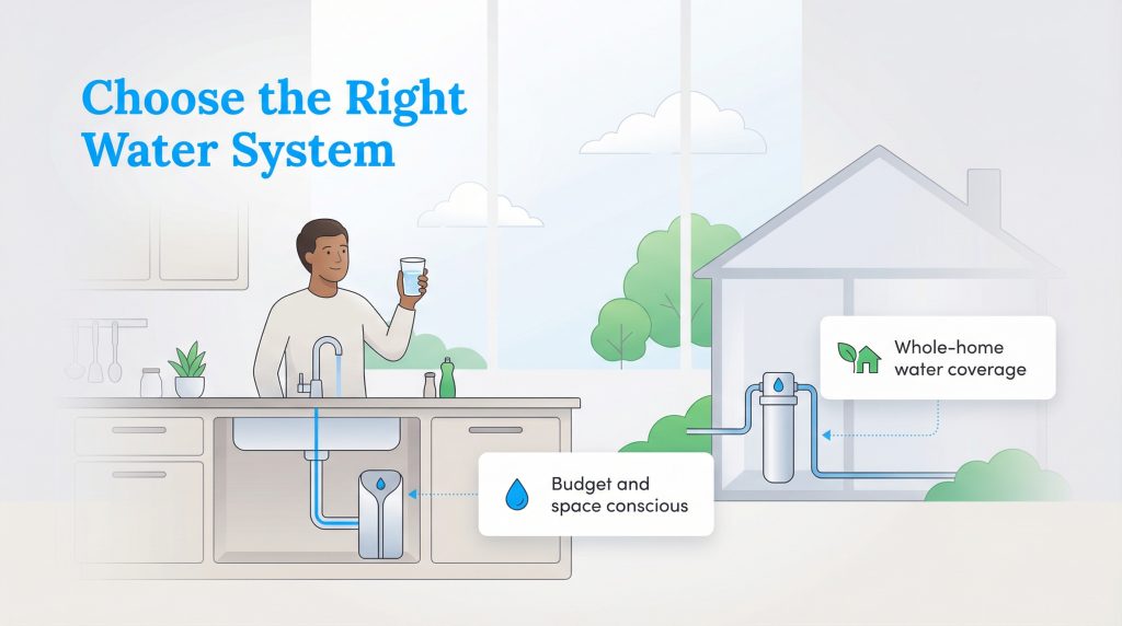 Diagram comparing budget-friendly under-sink filters with comprehensive whole-home water systems.