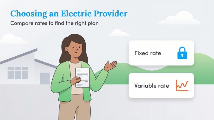 A woman compares fixed and variable electric rate plans on an infographic.