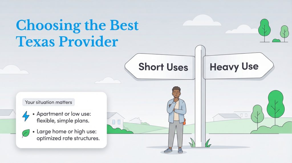 Person at crossroads sign for Short Uses and Heavy Use regarding Texas electricity plans.