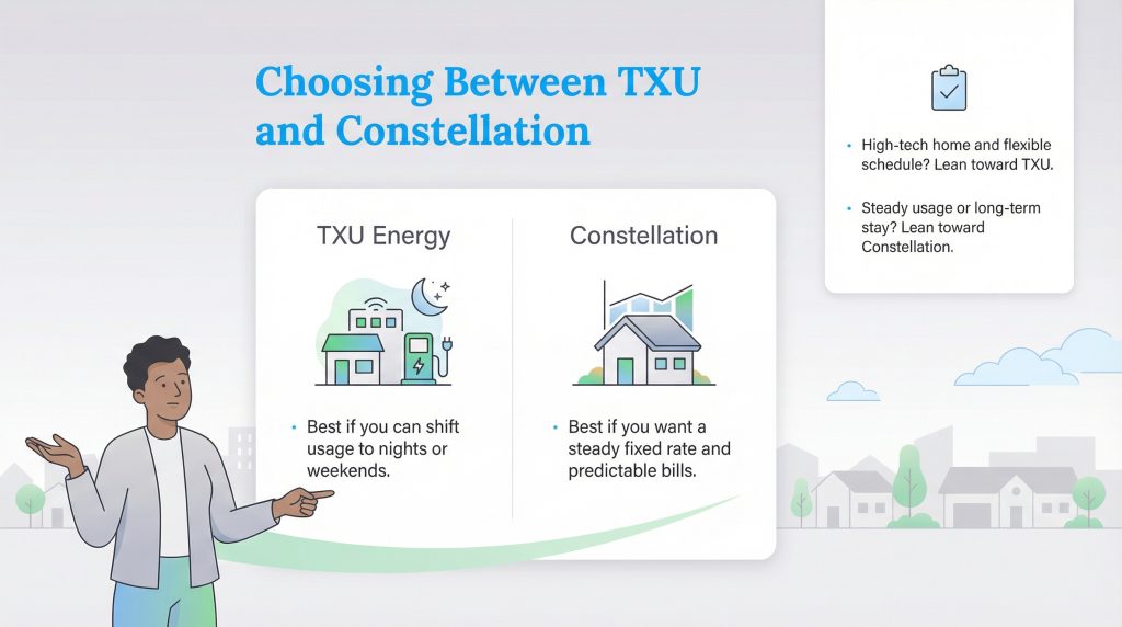 Illustration comparing TXU Energy for night usage and Constellation for steady fixed rates.