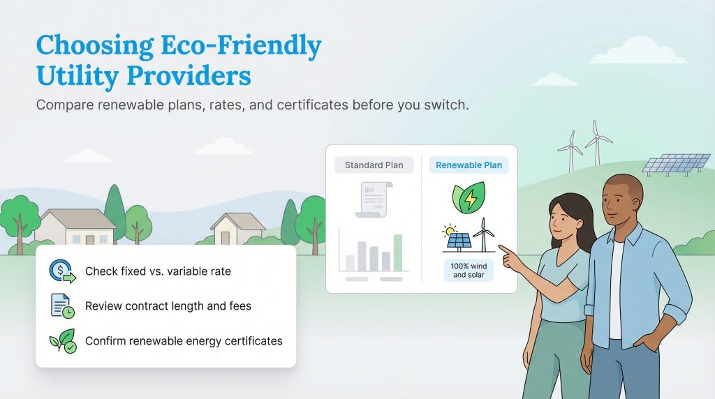 A couple reviews a checklist and a comparison chart for eco-friendly utility plans, including wind and solar options.