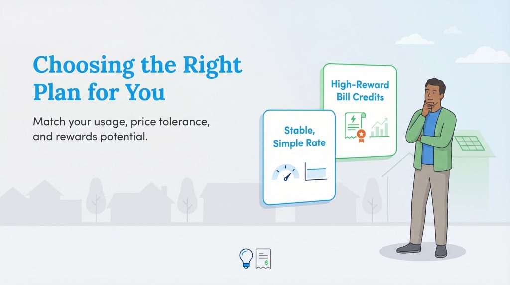 Man deciding between Stable, Simple Rate and High-Reward Bill Credits electricity plans.
