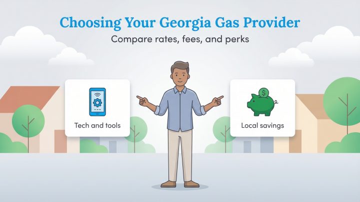 A man points to two options for a Georgia gas provider: Tech and tools and Local savings.