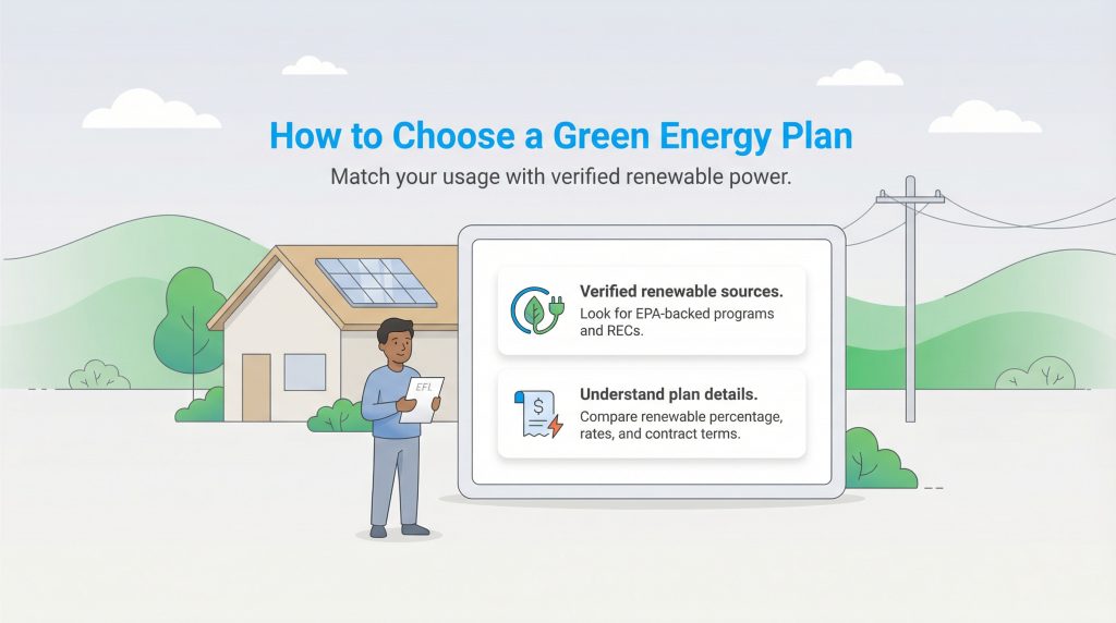 A person with an EFL document stands by a sign outlining steps to choose a green energy plan.