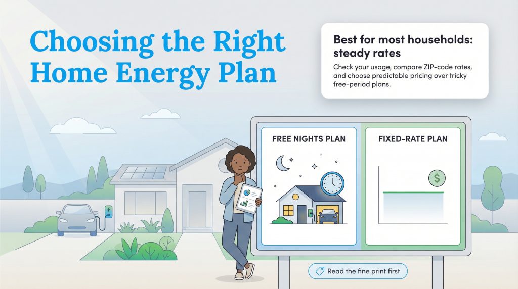 A woman stands before a sign comparing a Free Nights Plan with a house and moon to a Fixed-Rate Plan with a dollar sign. A text box recommends steady rates for most households.