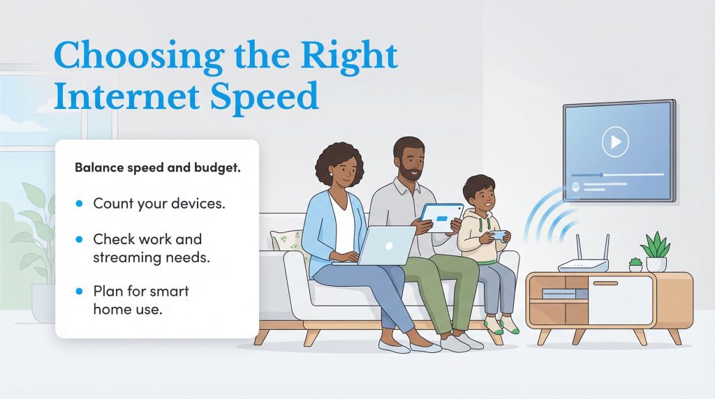 Graphic showing a family using internet devices and tips for balancing speed and budget.