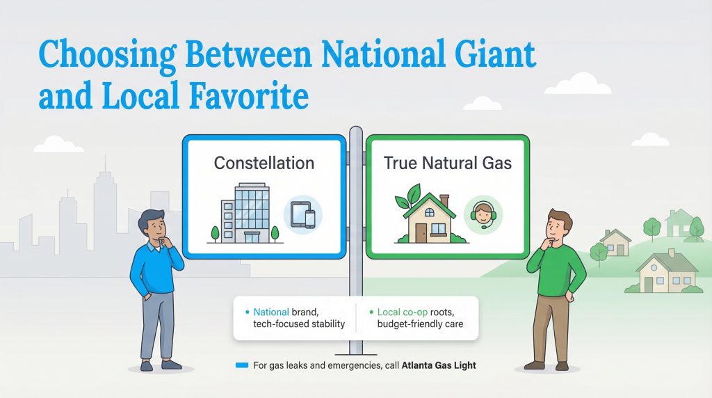 Infographic comparing national gas provider Constellation with local co-op True Natural Gas.