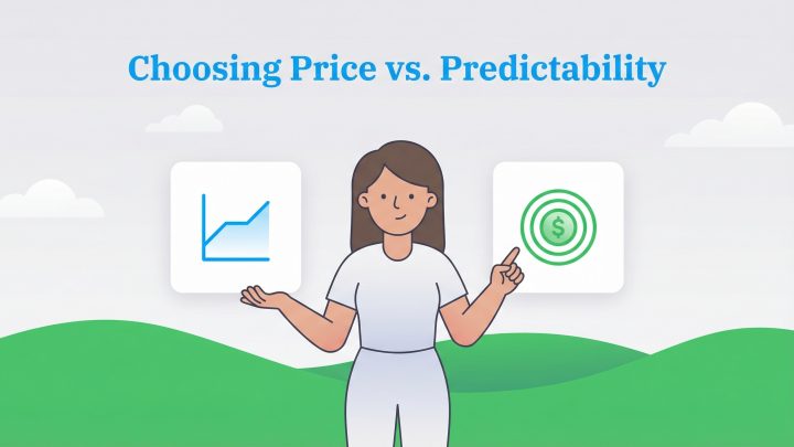 A woman stands between an icon of a fluctuating chart and an icon of a target with a dollar sign, illustrating the choice between price and predictability.