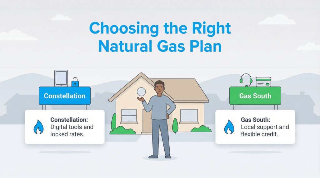 Infographic comparing Constellation's digital tools and rates with Gas South's local support and credit.