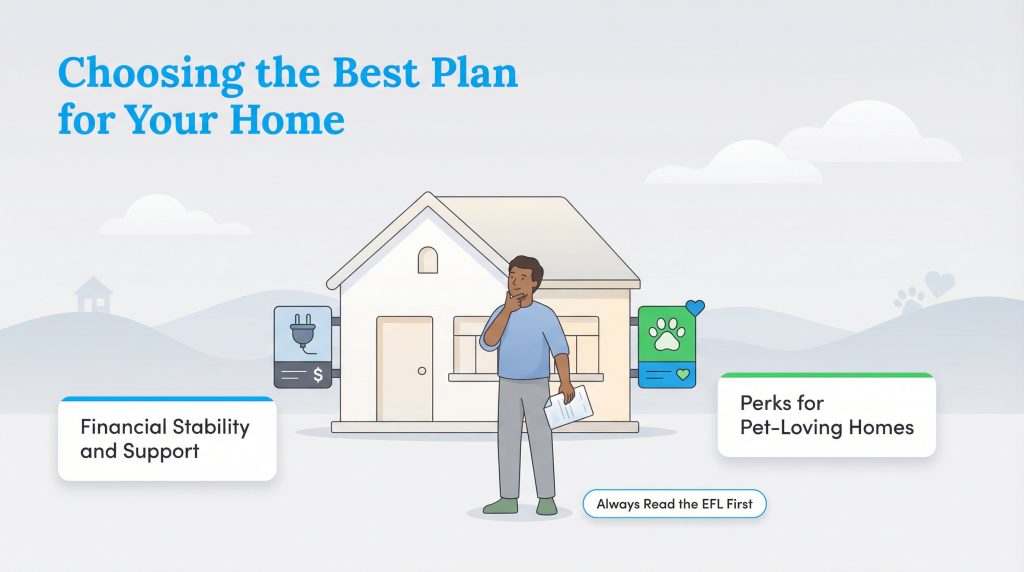 Man deciding between energy plans: financial stability or pet perks.