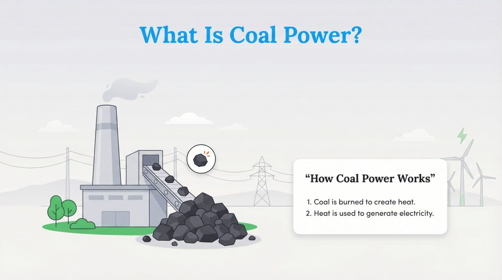 Diagram of a coal power plant and a text box explaining the two steps of how coal power works.