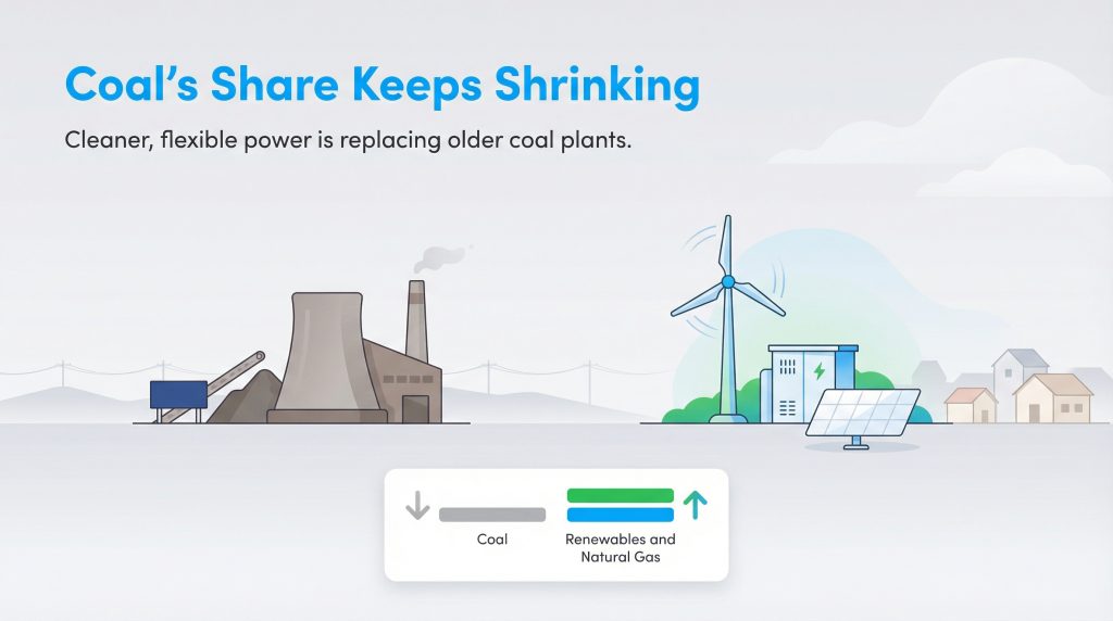 Graphic showing a coal plant with a downward arrow and wind turbines/solar panels with an upward arrow, indicating coal's declining share.