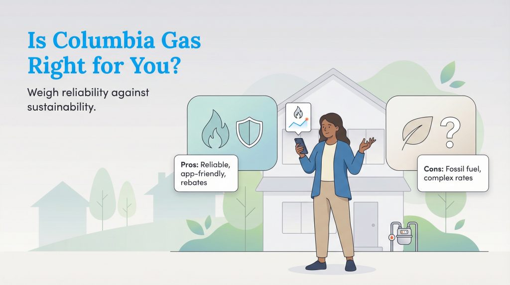 Infographic showing pros of Columbia Gas like reliability versus cons like dependence on fossil fuels.