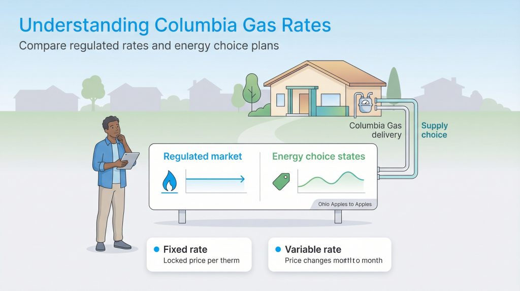 Diagram comparing regulated gas rates and energy choice plans, showing fixed and variable rate options.