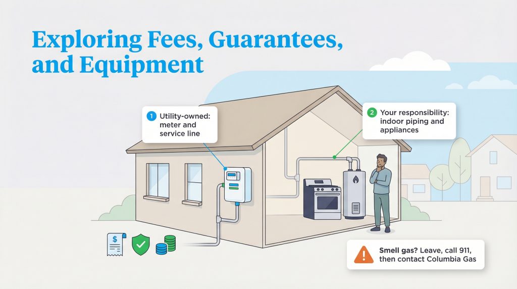 Diagram showing utility vs. customer gas equipment responsibility and a gas leak safety warning.