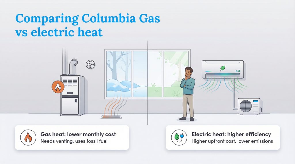 Illustration comparing a gas furnace (lower monthly cost) and an electric heat pump (higher efficiency).