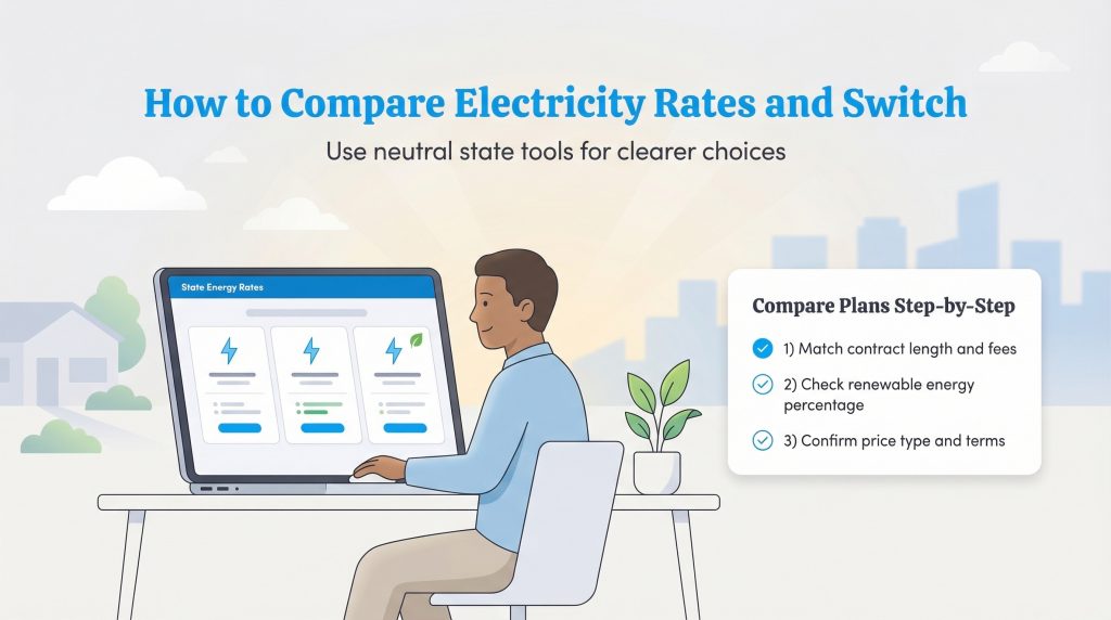 An infographic showing a man comparing electricity plans on a computer and a three-step checklist for comparing rates.
